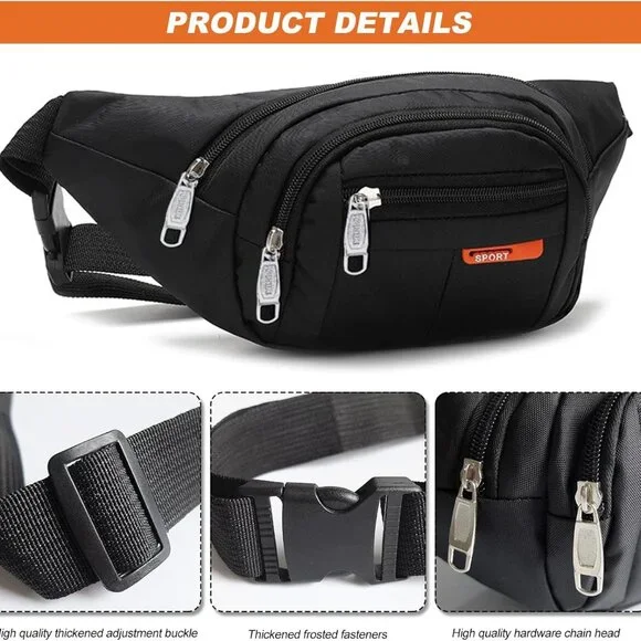 Fanny Pack,Black Belt Crossbody Bag for Men /women Waist Pack with 4 Zipper Pock - Picture 5 of 9